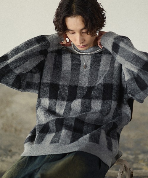 セール】リラクシー チェック柄 シャギーニット（ニット/セーター