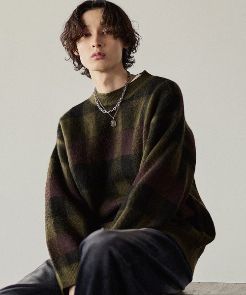 Bleme（ブレム）の「リラクシー チェック柄 シャギーニット（ニット/セーター・メンズ・グレー/カーキ/ベージュ・M/S/XL/L）」の3枚目の写真