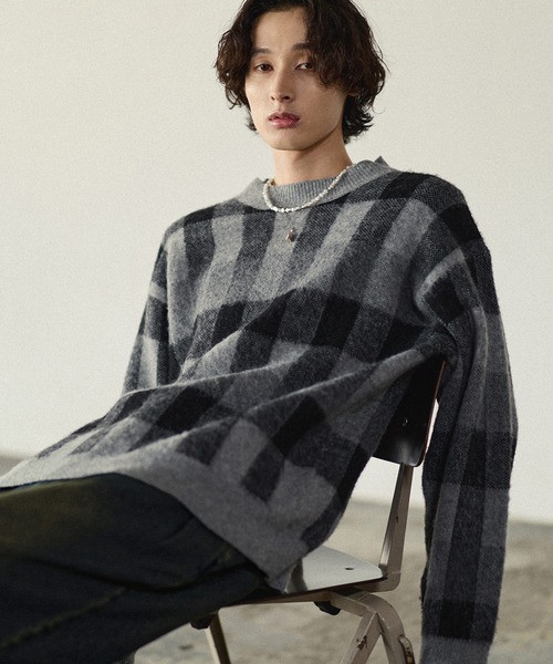 Bleme（ブレム）の「リラクシー チェック柄 シャギーニット（ニット/セーター・メンズ・グレー/カーキ/ベージュ・M/S/XL/L）」の4枚目の写真