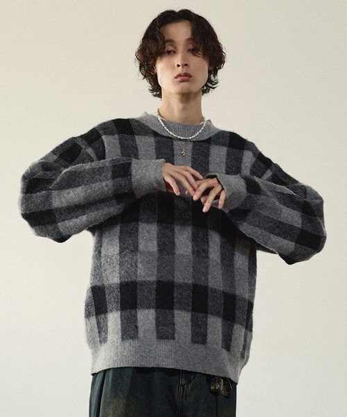 Bleme（ブレム）の「リラクシー チェック柄 シャギーニット（ニット/セーター・メンズ・グレー/カーキ/ベージュ・M/S/XL/L）」の7枚目の写真