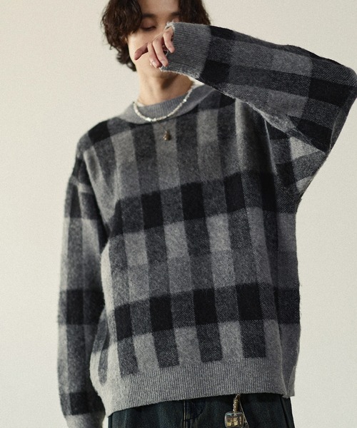 Bleme（ブレム）の「リラクシー チェック柄 シャギーニット（ニット/セーター・メンズ・グレー/カーキ/ベージュ・M/S/XL/L）」の10枚目の写真