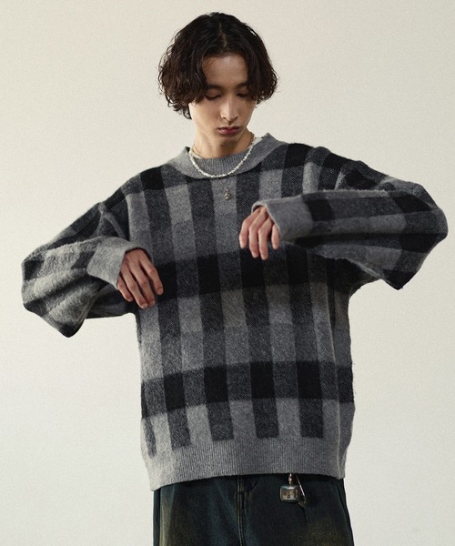 Bleme（ブレム）の「リラクシー チェック柄 シャギーニット（ニット/セーター・メンズ・グレー/カーキ/ベージュ・M/S/XL/L）」の11枚目の写真