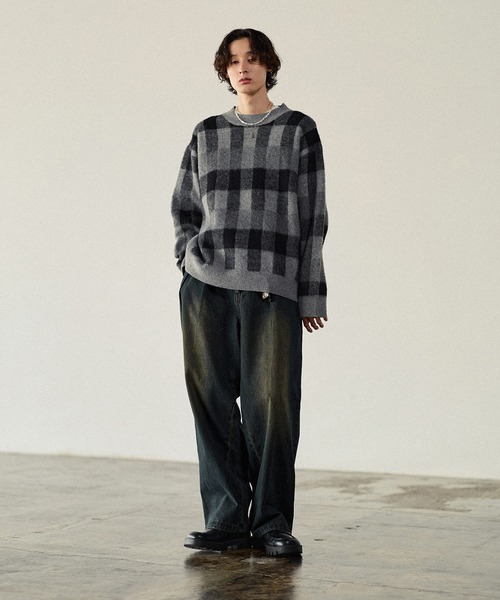 Bleme（ブレム）の「リラクシー チェック柄 シャギーニット（ニット/セーター・メンズ・グレー/カーキ/ベージュ・M/S/XL/L）」の12枚目の写真