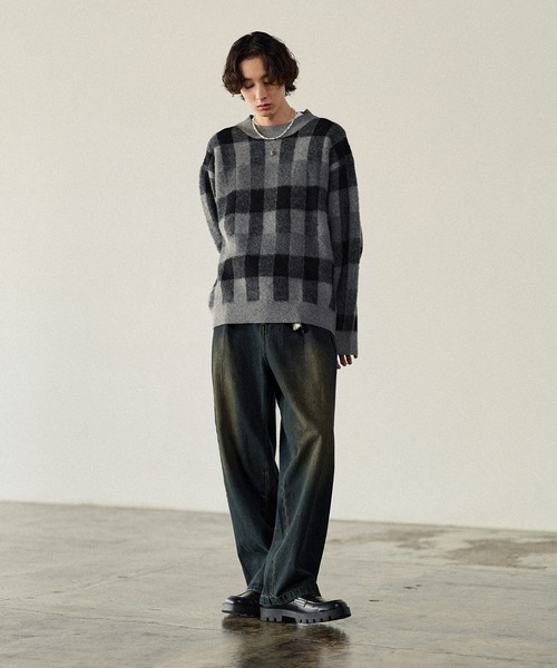 Bleme（ブレム）の「リラクシー チェック柄 シャギーニット（ニット/セーター・メンズ・グレー/カーキ/ベージュ・M/S/XL/L）」の13枚目の写真