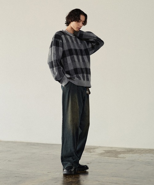 Bleme（ブレム）の「リラクシー チェック柄 シャギーニット（ニット/セーター・メンズ・グレー/カーキ/ベージュ・M/S/XL/L）」の14枚目の写真