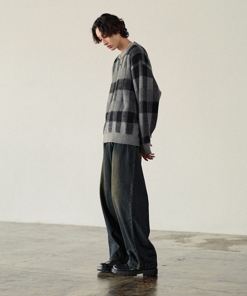 Bleme（ブレム）の「リラクシー チェック柄 シャギーニット（ニット/セーター・メンズ・グレー/カーキ/ベージュ・M/S/XL/L）」の15枚目の写真