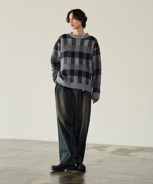 Bleme（ブレム）の「リラクシー チェック柄 シャギーニット（ニット/セーター・メンズ・グレー/カーキ/ベージュ・M/S/XL/L）」の16枚目の写真