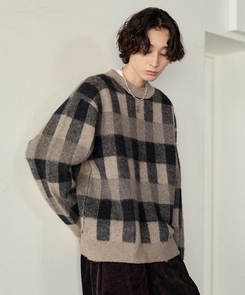 Bleme（ブレム）の「リラクシー チェック柄 シャギーニット（ニット/セーター・メンズ・グレー/カーキ/ベージュ・M/S/XL/L）」の17枚目の写真