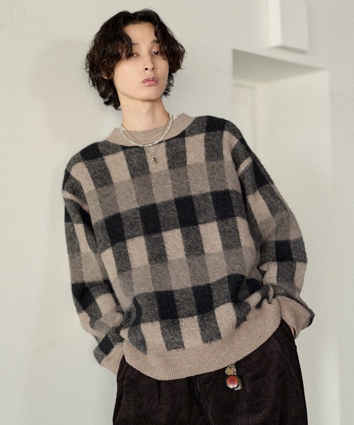 Bleme（ブレム）の「リラクシー チェック柄 シャギーニット（ニット/セーター・メンズ・グレー/カーキ/ベージュ・M/S/XL/L）」の18枚目の写真