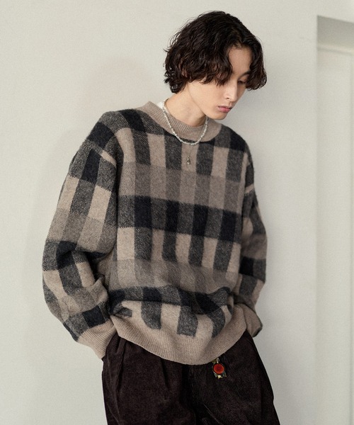 Bleme（ブレム）の「リラクシー チェック柄 シャギーニット（ニット/セーター・メンズ・グレー/カーキ/ベージュ・M/S/XL/L）」の19枚目の写真