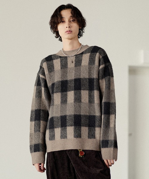 Bleme（ブレム）の「リラクシー チェック柄 シャギーニット（ニット/セーター・メンズ・グレー/カーキ/ベージュ・M/S/XL/L）」の20枚目の写真