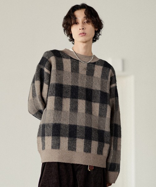 Bleme（ブレム）の「リラクシー チェック柄 シャギーニット（ニット/セーター・メンズ・グレー/カーキ/ベージュ・M/S/XL/L）」の21枚目の写真