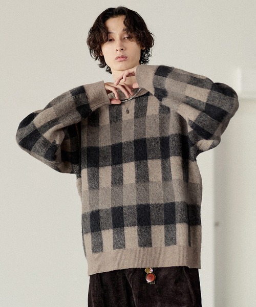 Bleme（ブレム）の「リラクシー チェック柄 シャギーニット（ニット/セーター・メンズ・グレー/カーキ/ベージュ・M/S/XL/L）」の22枚目の写真