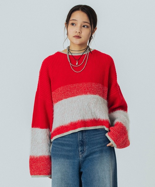 ROSE BUD（ローズバッド）の「CROPPED BLOKING KNIT（ニット/セーター・レディース・ブルー/ベージュ/レッド/グリーン・ONE SIZE）」の13枚目の写真