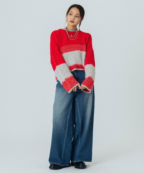 ROSE BUD（ローズバッド）の「CROPPED BLOKING KNIT（ニット/セーター・レディース・ブルー/ベージュ/レッド/グリーン・ONE SIZE）」の15枚目の写真