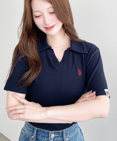U.S. POLO ASSN.(ユーエスポロアッスン)の「moment+別注【U.S.POLO ASSN.】ワンポイント刺繍スキッパー衿半袖カットソー(Tシャツ/カットソー・レディース・杢グレー/アイボリー/ブラック/ネイビー・M/L)」の13枚目の写真