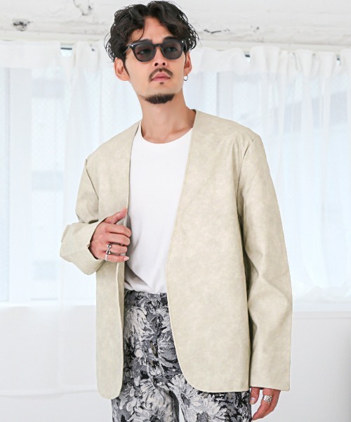 LUXSTYLE（ラグスタイル）の「ノーカラーPUレザージャケット（ノーカラージャケット・メンズ・ブラウン/チャコールグレー/アイボリー・L/M）」の22枚目の写真
