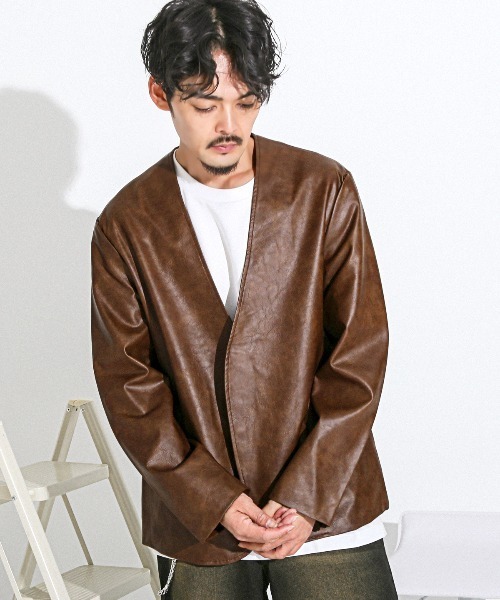 LUXSTYLE（ラグスタイル）の「ノーカラーPUレザージャケット（ノーカラージャケット・メンズ・ブラウン/チャコールグレー/アイボリー・L/M）」の11枚目の写真