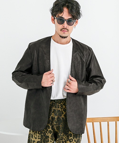 LUXSTYLE（ラグスタイル）の「ノーカラーPUレザージャケット（ノーカラージャケット・メンズ・ブラウン/チャコールグレー/アイボリー・L/M）」の13枚目の写真