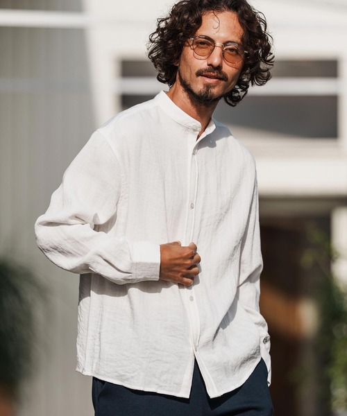 1minute 1second(ワンミニットワンセカンド)の「ms6323-long sleeve linen like shirt スタンドカラーシャツ(1M26H160)(シャツ/ブラウス・メンズ・ブラック/ネイビー/ホワイト・S/M/L/XL)」の1枚目の写真