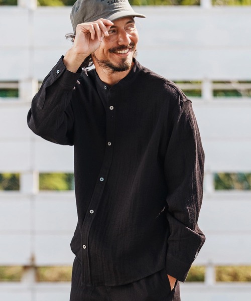 1minute 1second(ワンミニットワンセカンド)の「ms6323-long sleeve linen like shirt スタンドカラーシャツ(1M26H160)(シャツ/ブラウス・メンズ・ブラック/ネイビー/ホワイト・S/M/L/XL)」の2枚目の写真