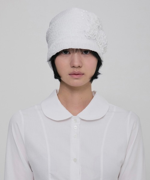 FLAREUP（フレアアップ）の「【FLAREUP】Ruffle Shirring Beanie / 【フレアアップ】シャーリングニット帽（ニットキャップ/ビーニー・レディース・ホワイト/ブラック・ONE SIZE）」の3枚目の写真