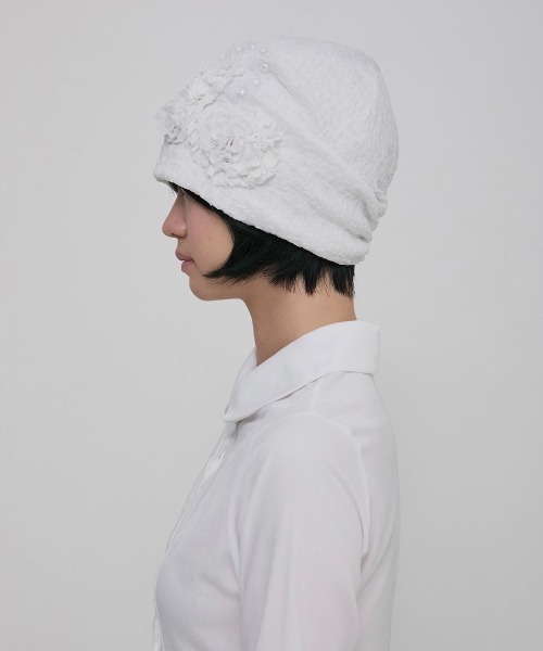 FLAREUP（フレアアップ）の「【FLAREUP】Ruffle Shirring Beanie / 【フレアアップ】シャーリングニット帽（ニットキャップ/ビーニー・レディース・ホワイト/ブラック・ONE SIZE）」の4枚目の写真