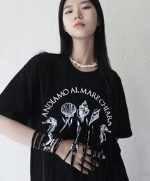 フリンジプリントTシャツ_ブラック