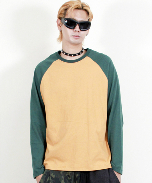 DEMARC(ドゥマーク)の「ラグラン配色無地長袖Tシャツカーキ&マスタード(Tシャツ/カットソー・メンズ・その他・MEDIUM/LARGE)」の1枚目の写真
