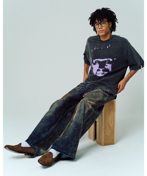 ADAM PATEK(アダムパテック)の「ADAMPATEK/velour dust wide pants/フロッキーデニムブラストワイドパンツ(デニムパンツ・メンズ・ブラウン/ブラック・1/2)」の9枚目の写真