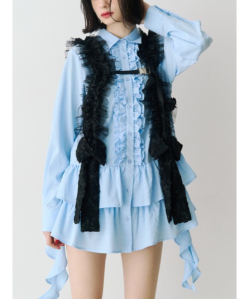 jouetie（ジュエティ）の「ラッフルヘムフリルチュニックシャツ（シャツ/ブラウス・レディース・ブルー/ブラック/アイボリー・MEDIUM）」の3枚目の写真