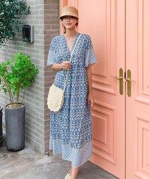 HERRINGBONE（ヘリンボーン）の「Summer resort loose fit V-neck short sleeve summer big size A-line long one-piece / HC450W（ワンピース）」