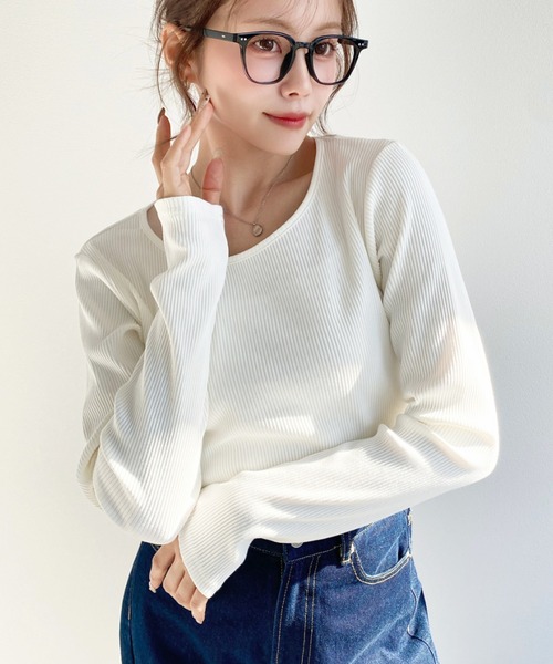 moment+（モーメントプラス）の「デコルテクルーネック長袖リブトップス（Tシャツ/カットソー・レディース・チャコールグレー/アイボリー/ブラック/ネイビー/ピンク/グレイッシュベージュ・L/M）」の18枚目の写真