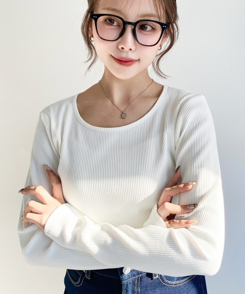 moment+（モーメントプラス）の「デコルテクルーネック長袖リブトップス（Tシャツ/カットソー・レディース・チャコールグレー/アイボリー/ブラック/ネイビー/ピンク/グレイッシュベージュ・L/M）」の19枚目の写真