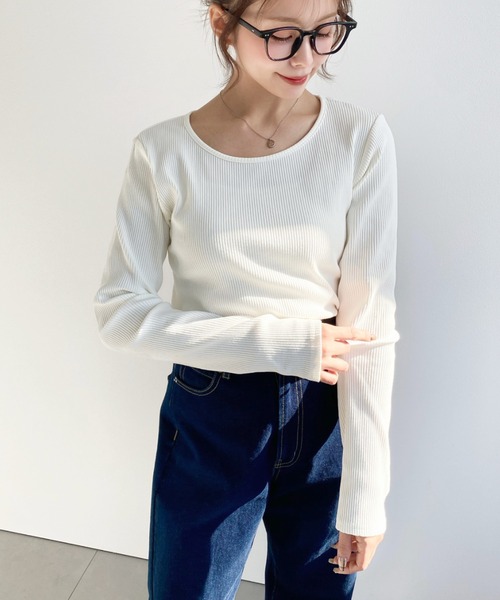 moment+（モーメントプラス）の「デコルテクルーネック長袖リブトップス（Tシャツ/カットソー・レディース・チャコールグレー/アイボリー/ブラック/ネイビー/ピンク/グレイッシュベージュ・L/M）」の15枚目の写真