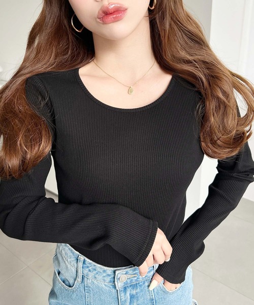 moment+（モーメントプラス）の「デコルテクルーネック長袖リブトップス（Tシャツ/カットソー・レディース・チャコールグレー/アイボリー/ブラック/ネイビー/ピンク/グレイッシュベージュ・L/M）」の12枚目の写真