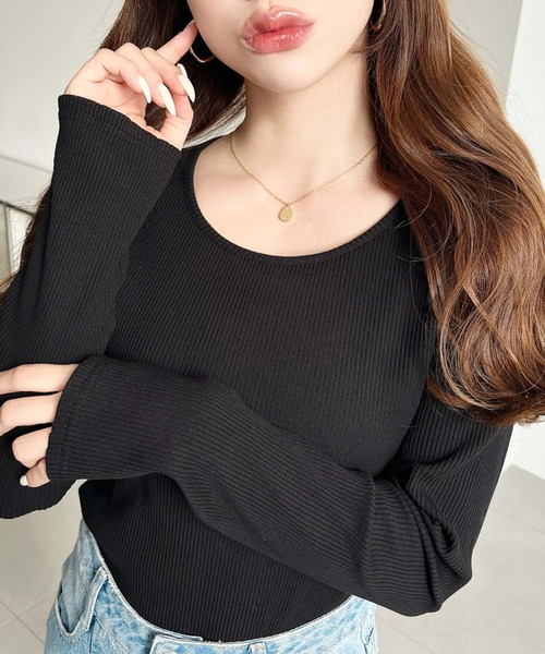 moment+（モーメントプラス）の「デコルテクルーネック長袖リブトップス（Tシャツ/カットソー・レディース・チャコールグレー/アイボリー/ブラック/ネイビー/ピンク/グレイッシュベージュ・L/M）」の13枚目の写真
