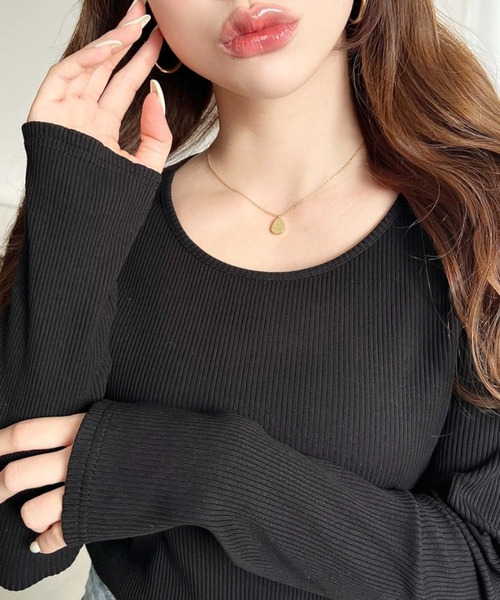 moment+（モーメントプラス）の「デコルテクルーネック長袖リブトップス（Tシャツ/カットソー・レディース・チャコールグレー/アイボリー/ブラック/ネイビー/ピンク/グレイッシュベージュ・L/M）」の10枚目の写真