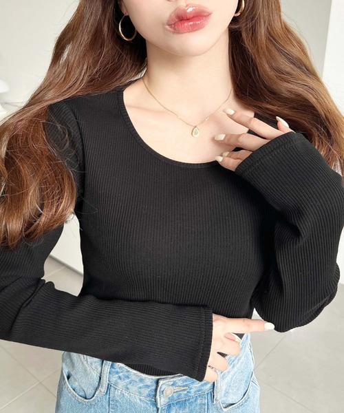 moment+（モーメントプラス）の「デコルテクルーネック長袖リブトップス（Tシャツ/カットソー・レディース・チャコールグレー/アイボリー/ブラック/ネイビー/ピンク/グレイッシュベージュ・L/M）」の14枚目の写真