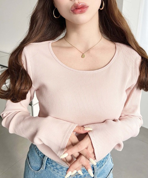 moment+（モーメントプラス）の「デコルテクルーネック長袖リブトップス（Tシャツ/カットソー・レディース・チャコールグレー/アイボリー/ブラック/ネイビー/ピンク/グレイッシュベージュ・L/M）」の9枚目の写真