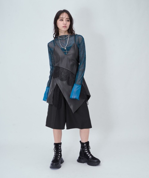 HARE(ハレ)の「ジャガードラインキリカエワイドパンツ(HARE)(スラックス・レディース・ブラック/ホワイト/チェック・FREE/SMALL)」の4枚目の写真