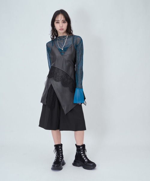 HARE(ハレ)の「ジャガードラインキリカエワイドパンツ(HARE)(スラックス・レディース・ブラック/ホワイト/チェック・FREE/SMALL)」の5枚目の写真