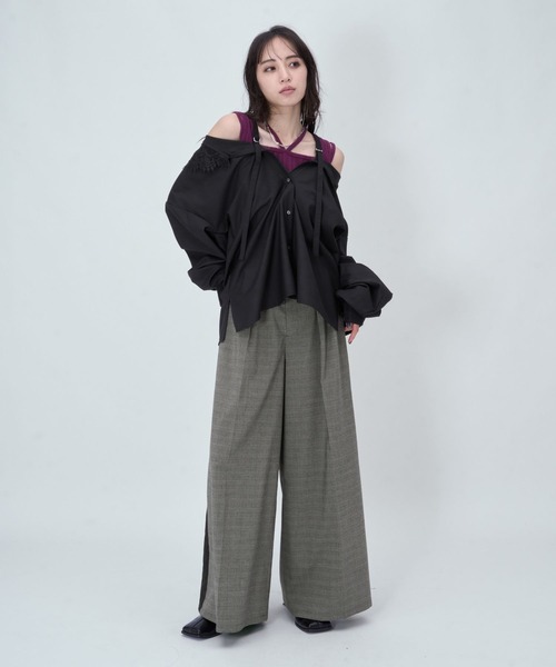 HARE(ハレ)の「ジャガードラインキリカエワイドパンツ(HARE)(スラックス・レディース・ブラック/ホワイト/チェック・FREE/SMALL)」の15枚目の写真