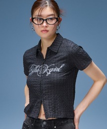 X-girl | SCRIPT LOGO SHIRRED S/S ZIP UP TOP(ポロシャツ)