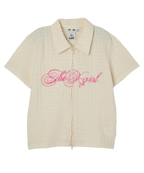 X-girl(エックスガール)の「SCRIPT LOGO SHIRRED S/S ZIP UP TOP(ポロシャツ・レディース・オフホワイト/ブラック・ONE SIZE)」の8枚目の写真