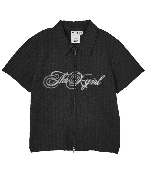 X-girl(エックスガール)の「SCRIPT LOGO SHIRRED S/S ZIP UP TOP(ポロシャツ・レディース・オフホワイト/ブラック・ONE SIZE)」の9枚目の写真