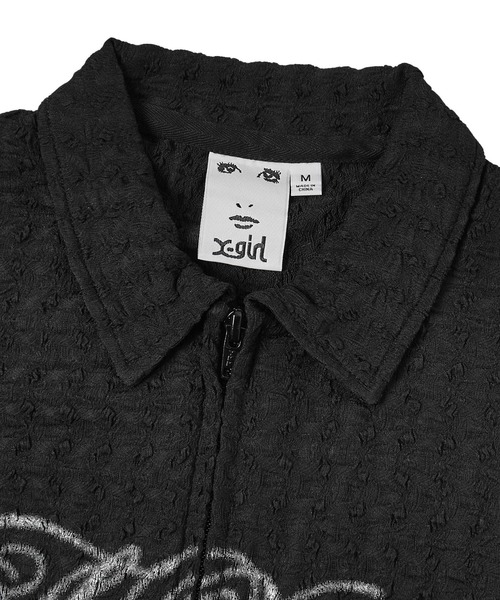 X-girl(エックスガール)の「SCRIPT LOGO SHIRRED S/S ZIP UP TOP(ポロシャツ・レディース・オフホワイト/ブラック・ONE SIZE)」の11枚目の写真