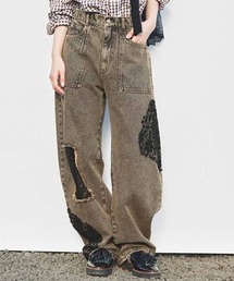 MEDE19F | ＭＥＤＥ１９Ｆ　ブラックレースが見える加工デニム〈ブラウングレー〉(デニムパンツ)
