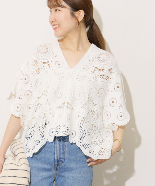 Torrazzo Donna(トラッゾドンナ)の「【TORRAZZO DONNA/トラッゾドンナ】クロシェポンチョ(ニット/セーター・レディース・ホワイト/ブラック・FREE)」の16枚目の写真