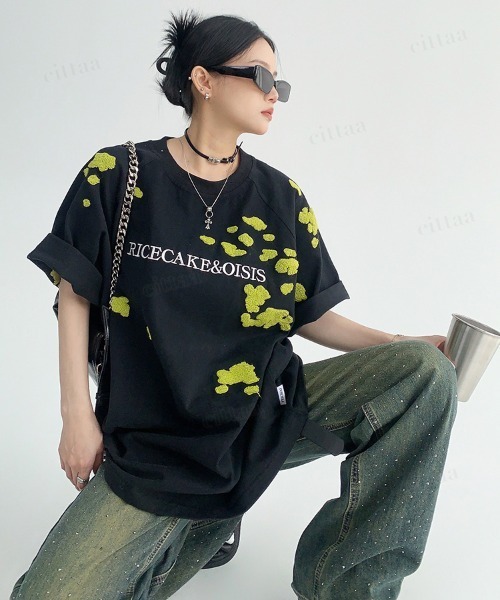 Dalfwin(ダールフィン)の「韓国ファッション RICECAKEペイント風サガラ刺繍Tシャツ(Tシャツ/カットソー・レディース・ブラック/グレー・FREE)」の7枚目の写真